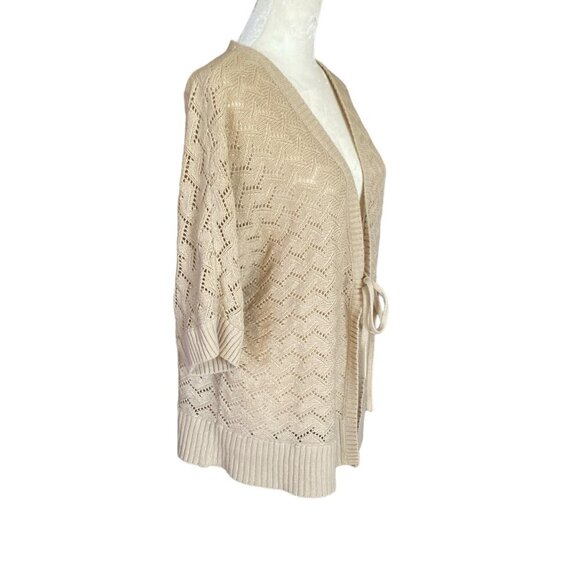 Nicole Miller women's XL tan tie front 3/4 sleeve chevron knit sweater cardigan - Picture 2 of 8